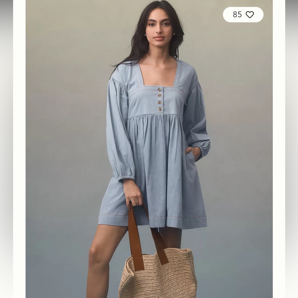 Anthropologie Long-Sleeve Square-Neck Denim Mini Babydoll Dress